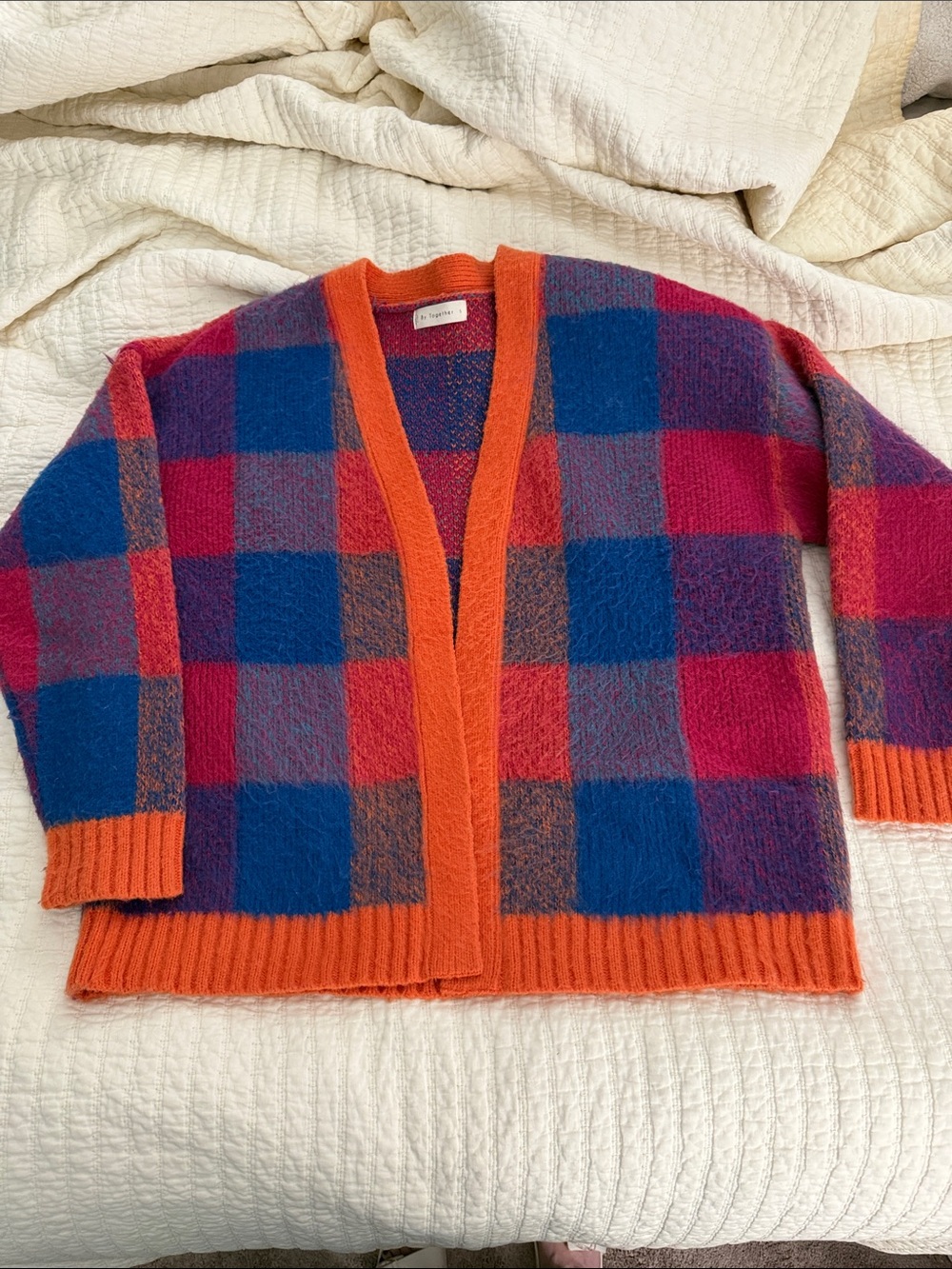 By Together Vibrant Check Open-Front Cardigan - Orange, Blue & Pink